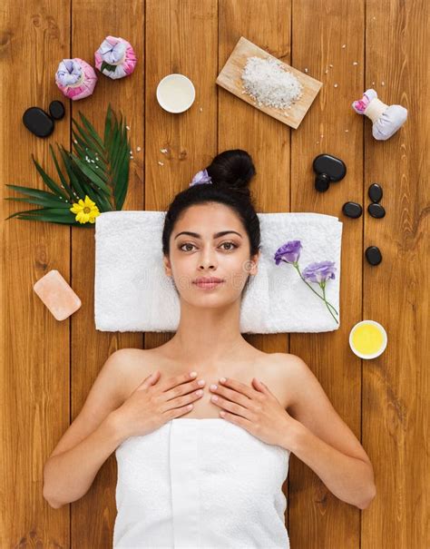 Young Beautiful Woman Relax In Aroma Spa Wellness Center Stock Photo