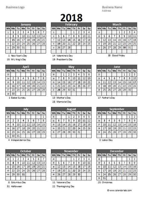 2018 Yearly Business Calendar With Week Number Free