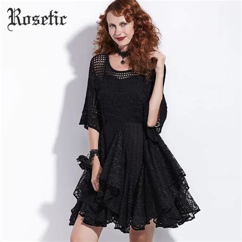 Rosetic Gothic Dress Women Black Summer A Line Lace Hollow Flare Sleeve Double Casual Party