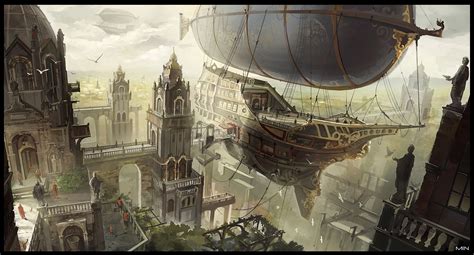 Airship Dock By Min Nguen Fantasy 2d Steampunk City Steampunk