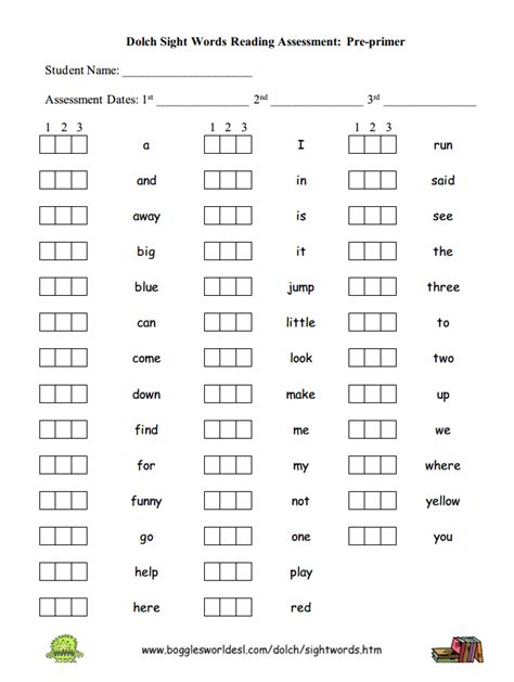 Dolch Sight Words Assessment Sheets Dolch Sight Words Pre Primer Hot Sex Picture