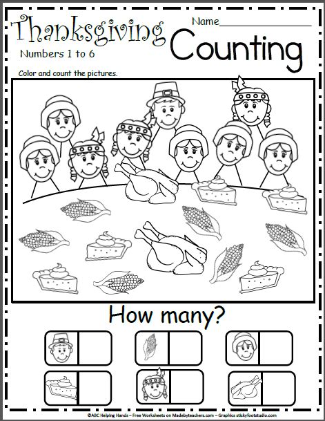 Free Kindergarten Worksheet For Thanksgiving Counting 1 To 6