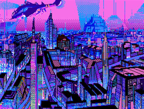 Welcome To The Wave Vaporwave Pixel Art City Grid