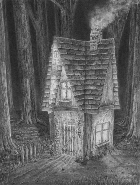 Kreative detaillierte zeichnung in schwarz und weiß. Haus im dunklen Wald zeichnen lernen - Zeichenkurs