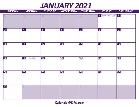 Are you looking for a printable calendar? January Calendar 2021 Printable PDF