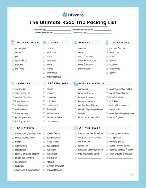 what to pack for road trips road trip packing list
