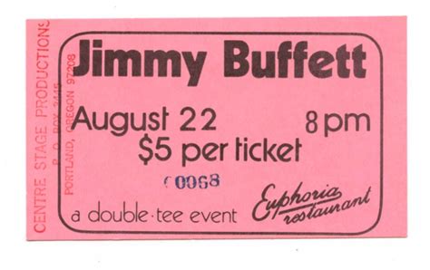 Jimmy Buffett Vintage Ticket 1975 Aug 22 Euphoria Portland Vintage