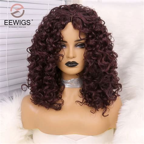 Eewigs Burgundy Lace Front Wig Short Curly Synthetic Wigs With Natural