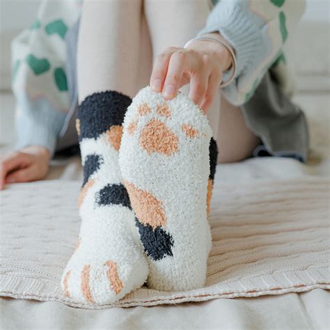 Cute Cat Paw Fuzzy Warm Slipper Socks Women Soft Microfiber Cozy