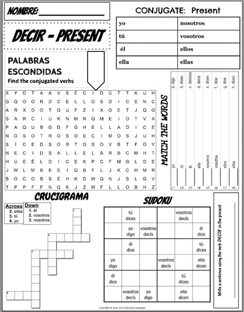 Spanish Verb Decir Worksheet Present Tense 6 Activities Etsy