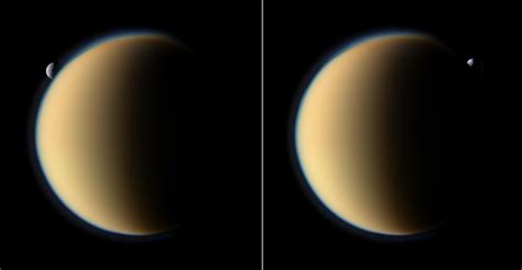 Tethys Behind Titan The Robotic Cassini Spacecraft Orbiting Saturn