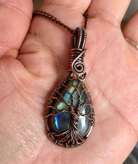 Wire Wrapped Labradorite Necklace In Antique Copper Blue Green Flashing