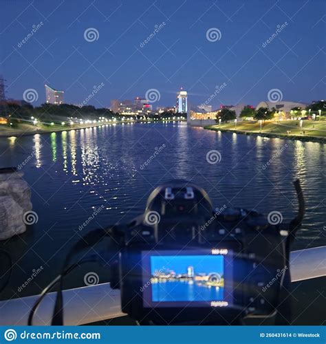 Night View Of The Wichita Skyline From The River Stock Photo Image Of