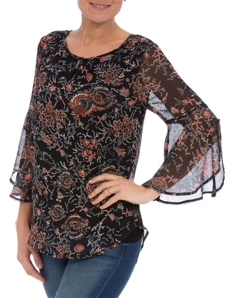 floral pleat chiffon top with flute sleeves in black klass