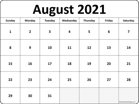Calendar Monthly 2021 Printable August Full Page Free Printable