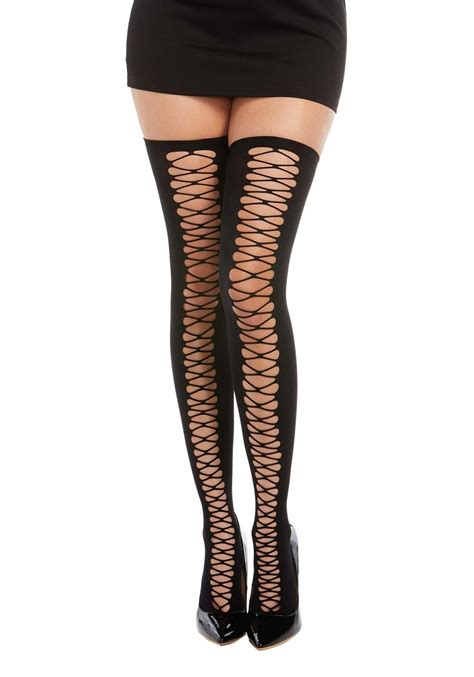 Black Lace Up Look Thigh High Women S Stockings