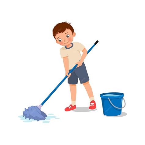 Premium Vector Cute Little Boy Mopping The Floor With Mop And Bucket