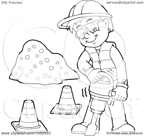 Clipart Of A Cartoon Black And White Male Construction Worker Using A