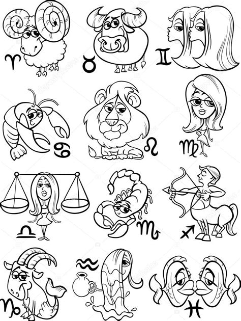 Black And White Cartoon Illustration Of All Horoscope Zodiac Signs Set