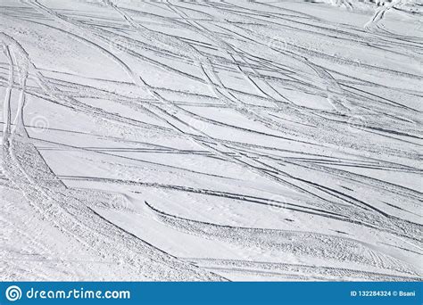 Groomed Snowy Ski Slope With Trace From Skis And Snowboards Stock Photo