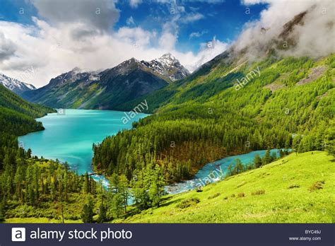Beautiful Turquoise Lake Kucherlinskoe In Altai Mountains Stock Photo
