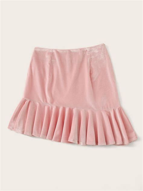 Solid Ruffle Hem Velvet Skirt Shein Velvet Skirt Bottom Clothes