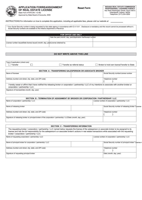 Fillable State Form 47478 Application For Reassignment Of Real Estate License Printable Pdf