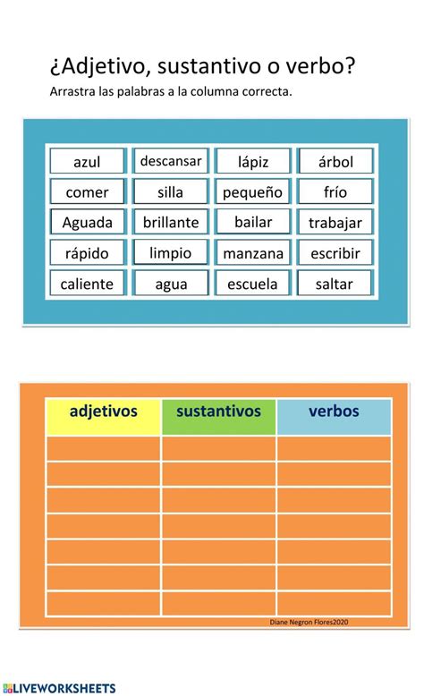 Sustantivos Verbos Y Adjetivos Ficha Interactiva Verbos Y