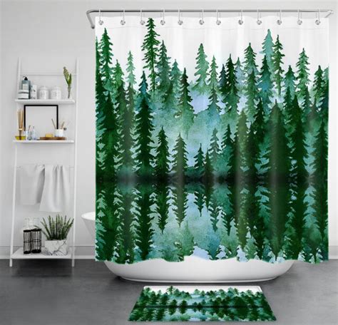 Watercolor Pine Trees Forest Landscape Waterproof Fabric Shower Curtain