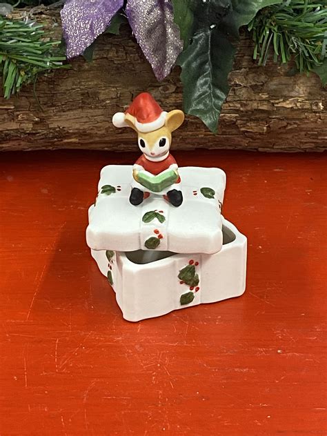 Vintage Lefton Christmas Trinket Box Wlid Christmas Mouse Etsy