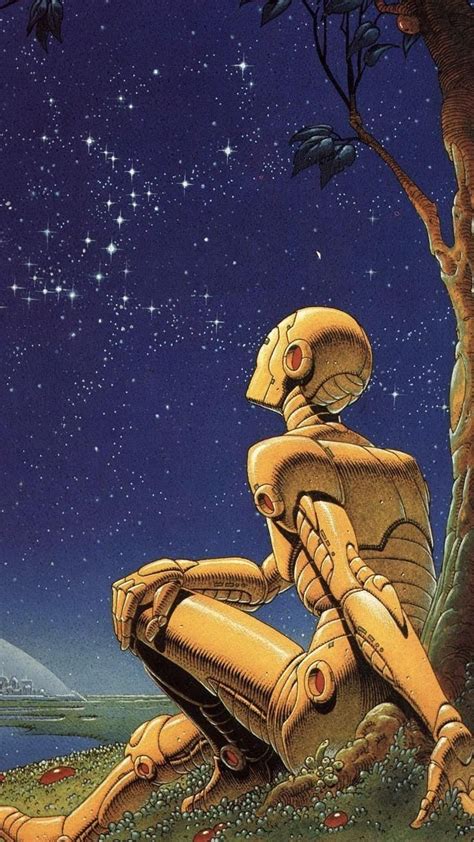 A Painting Of A Robot Sitting On The Ground Next To A Tree With Stars