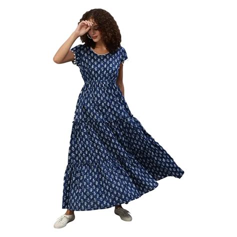 Aks Womens Blue And White Printed Tiered Maxi Dress With Pom Pom