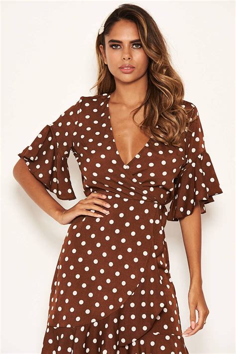 brown polka dot wrap frill dress ax paris