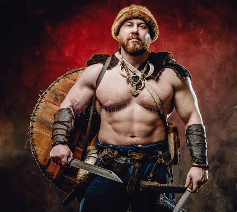 Legendary Viking With Naked Torso In Smoky Background With Axe Stock Photo Image Of Pride