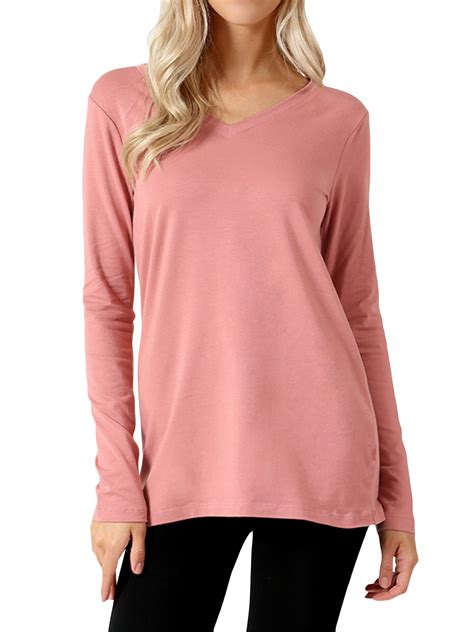 Women Basic Cotton Relaxed Fit V Neck S X Long Sleeve T Shirt Top