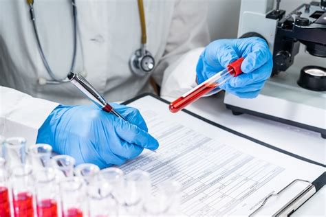 Blood Test Tubes Senior Female Scientist Examining Blood Test Tubes At