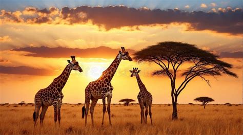 Giraffes In The African Savannah Beautiful African Landscape At Sunset