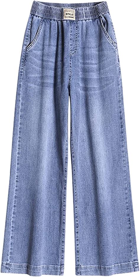 Funplus Ladies Jeans Elastic Waist High Waist Wide Leg Denim Pants For