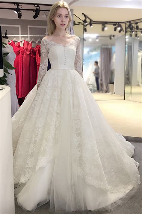 Spring Newest Elegant Ball Gown Long Sleeve Wedding Dress V Neck