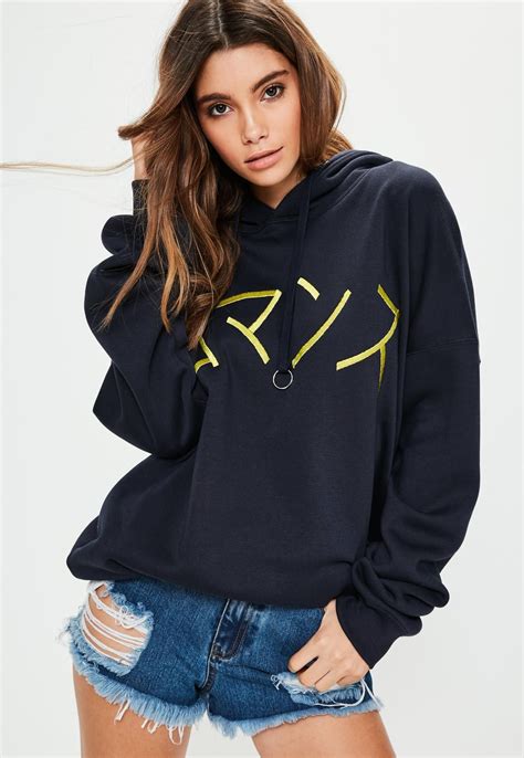 Missguided Navy Oversized Ring Pull Graphic Hoodie Women Tops