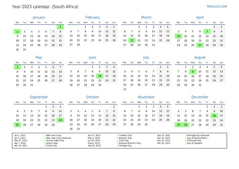 South Africa 2023 Calendar With Public Holidays Calendar 2023 January