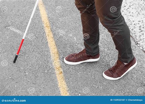 Blind Person With Cane Crossing Road Stock Image Image Of Person