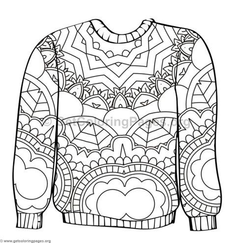 Detailed ornamental symmertical sweater with circles, fir trees and stripes. Ugly Sweater Coloring Pages #3 - GetColoringPages.org