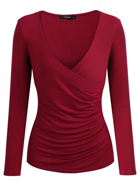 Womens Deep V Neck Long Sleeve Cross Front Ruched Slim Fit T Shirt Pullover Wrap Tops Red