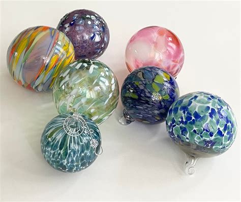 Blown Art Glass Ball Lot Of 7 Balls Ornaments Vintage Colorful Blue