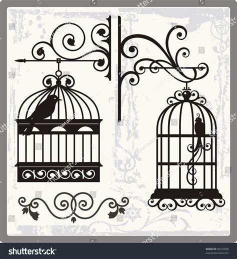 Vintage Bird Cages With Ornamental Decorations Stock Vector 90231838