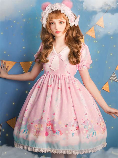 Sweet Lolita Dress Op Candy Paradise Pink Chiffon Sailor Collar Printed