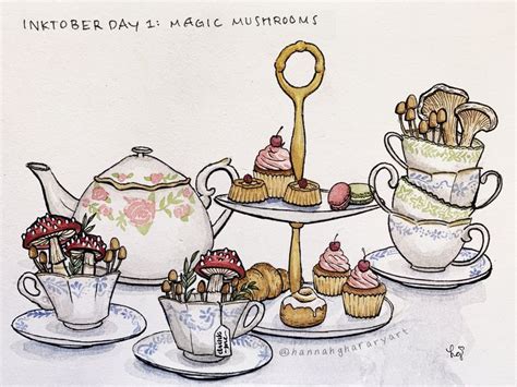 Inktober Day 1 Magic Mushroom Tea Party Art Prompts Drawing