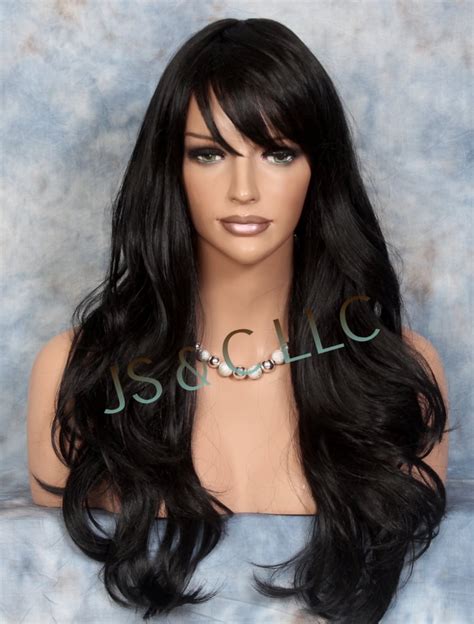 exotic black human hair blend wig heat safe full bangs long etsy