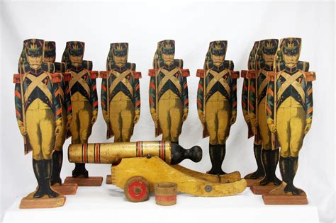 Antique Victorian Lithographed Wood Toy Soldiers With Cannon